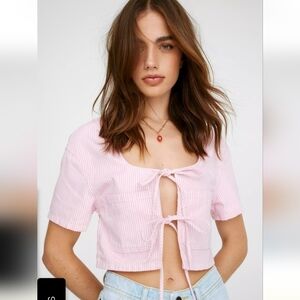 NWT Nasty Gal pink pinstripe tie front top, size 4